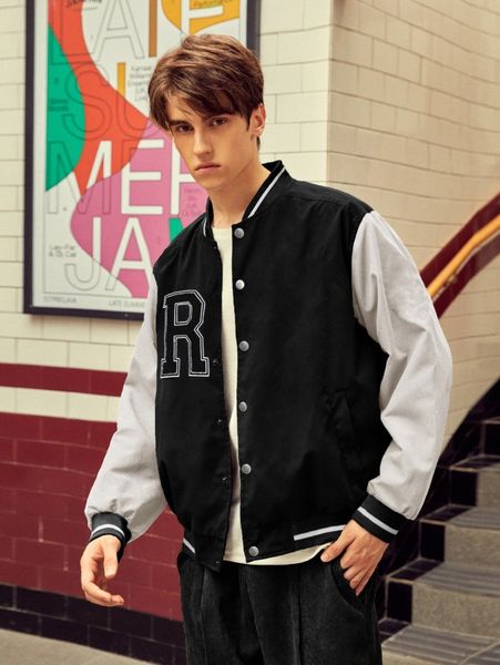 

men striped letter graphic baseball jacket n2tl#, Black;brown