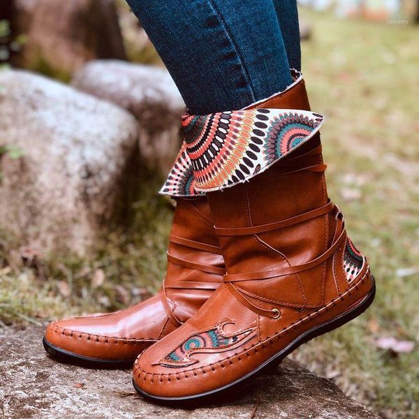 

women mid-calf boots flats shoes woman booties vintage pu leather ethic bohemia shoe chaussures femme zapatos mujer sapato nh1201, Black