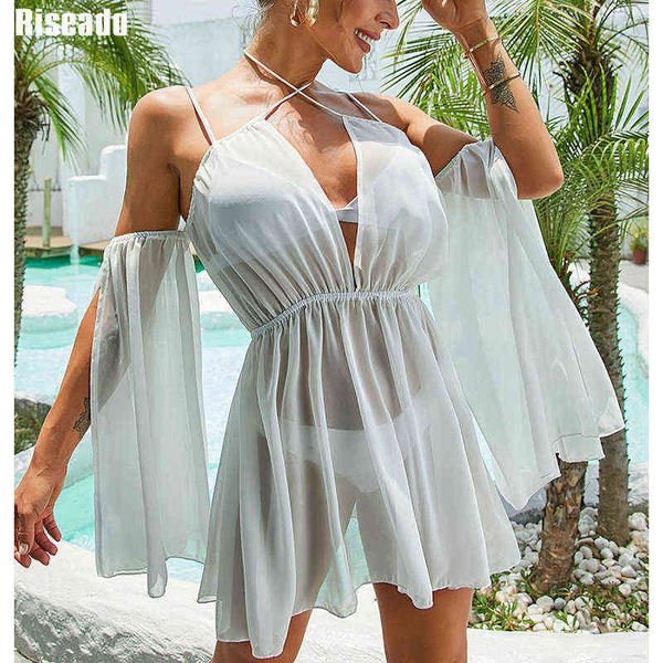

riseado white beach outing ruffle women beach swimsuit off shoulder fashion beach cover up mesh set dresses woman summer, White;black