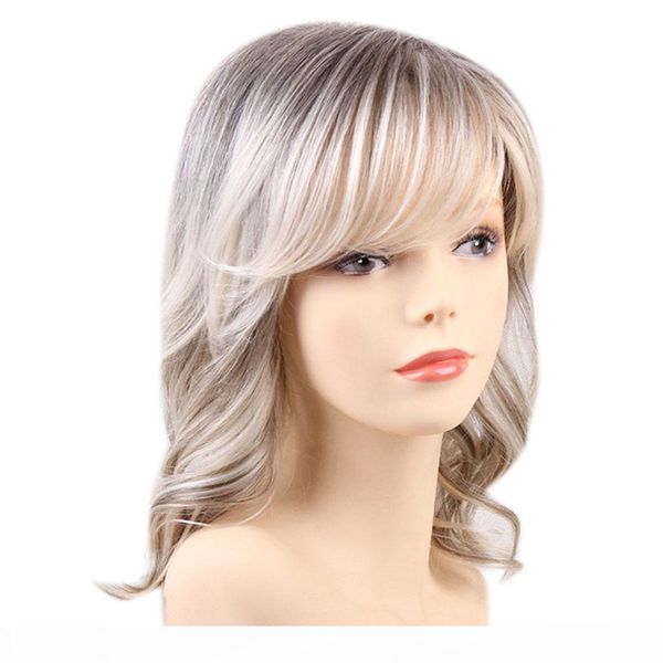 

blonde mixed curly women wig bangs human hair full wigs wave wig breathable, Black