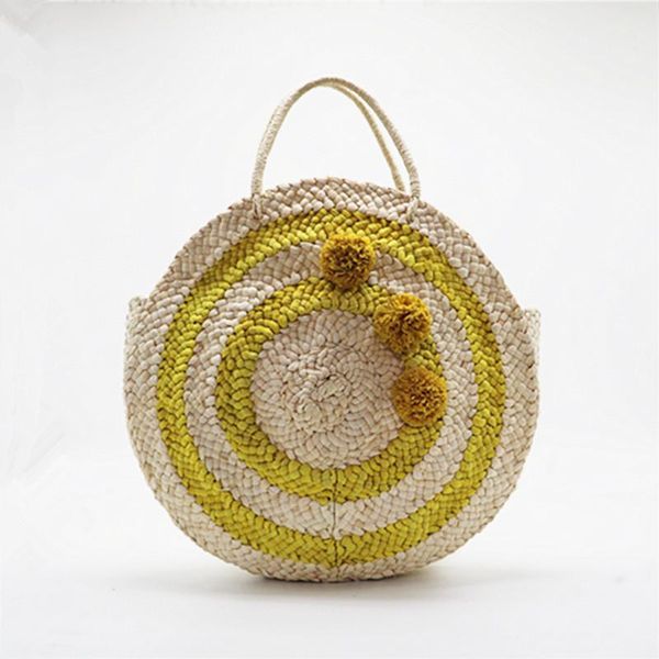 

beach bag round straw totes bag large big summer straw bags tassels pom pom women natural handbag 2020 yellow striped circular