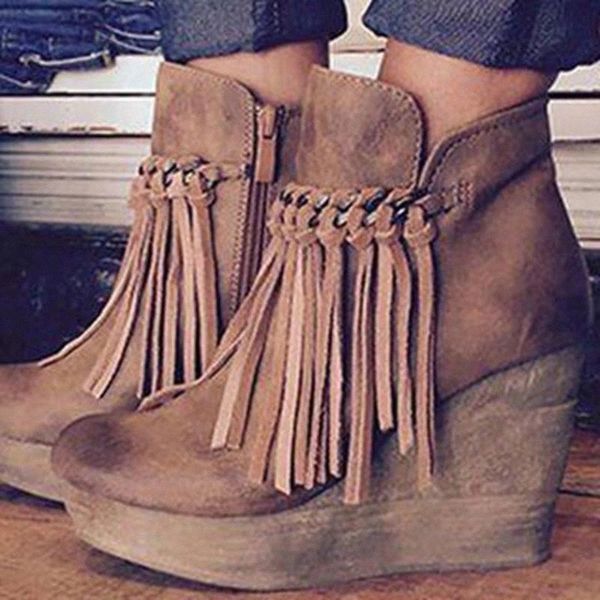 

women's ankle boots autumn tassel pu leather ladies gladiator high heels wedge booties platform female shoes zapatos mujer 2020 #bl3c, Black