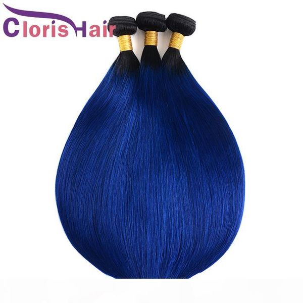

ombre peruvian virgin straight hair 3 bundles dark roots 1b blue ombre extensions colored two tone blue human hair weaves cuticle aligned, Black