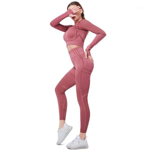 

yoga outfits seamless gym set women fitness clothing 2 piece long shirts and leggings striped suit jogging femme workout clothes1, White;red