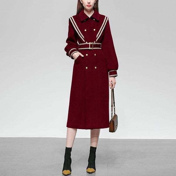 

women's wool & blends england style jackets female striped design double-breasted thick warm long woolen coat with belt f2567, Black