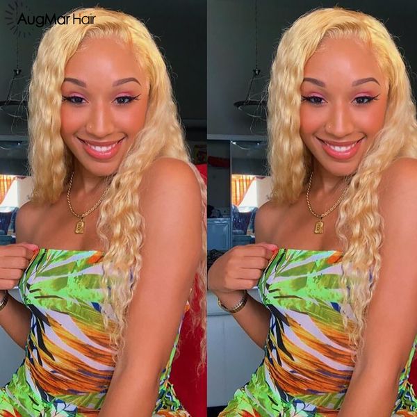 

613 honey blonde lace front wig remy hair deep wave brazilian human hair wig with baby hair, Black;brown