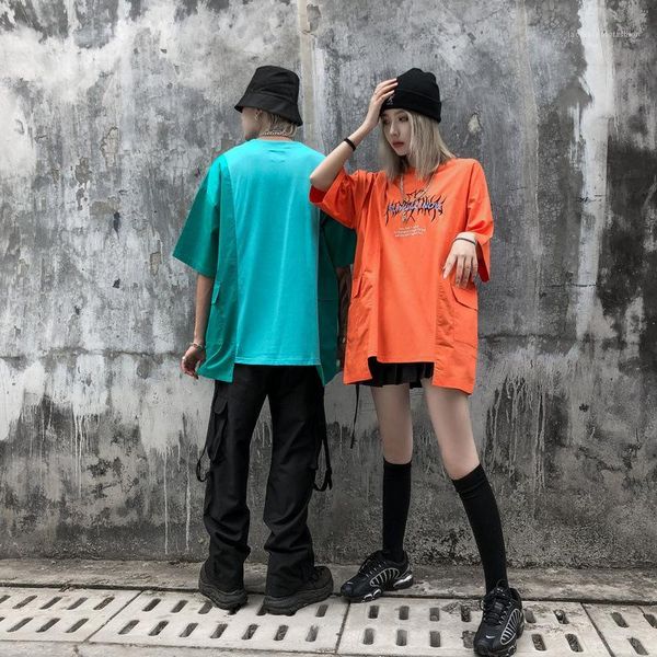 

irregular loose couple tshirt summer casual big pocket printed round neck short sleeve tshirt, White;black