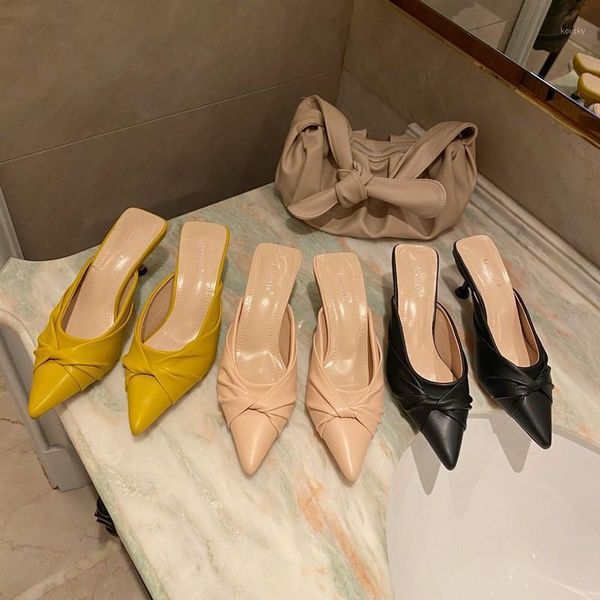 

korean twist bow-knot sandals women mules solid pointed toe sandales thin med-high heels shoes woman slip on cover toe sandalias1, Black