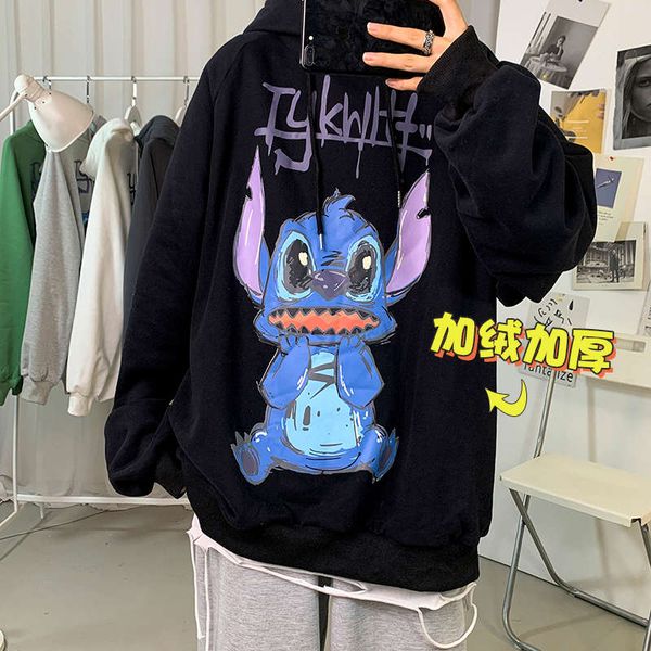 

hong kong chai fashion men's cartoon printing ins black hooded plush sweater loose coat autumn winter