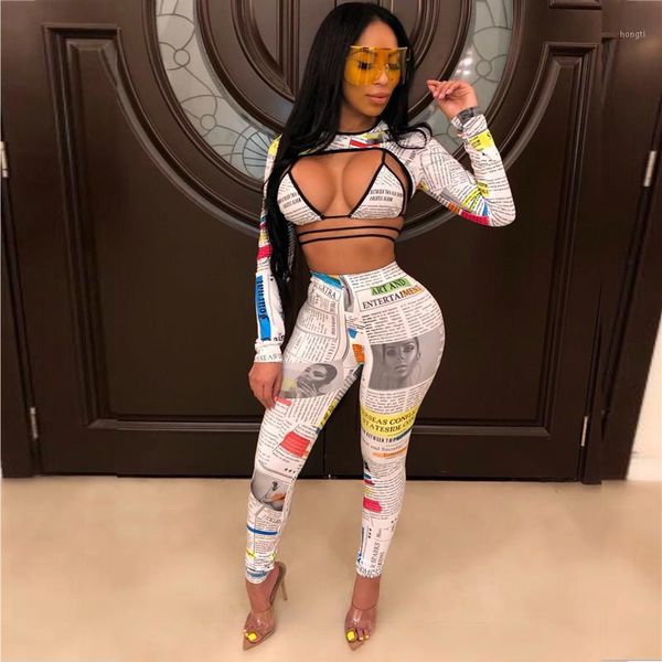 

anjamanor fashion newspaper print long sleeve 3 piece set bandage pant matching sets fall club outfits for woman d36-891, White
