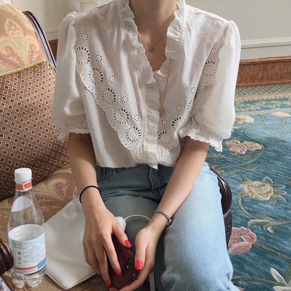 

chic white vintage v neck short sleeves hollow out blouse 2020 gentle summer sweet puff sleeves cute shirts blusas