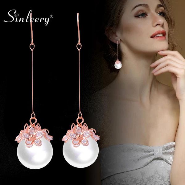 

dangle & chandelier sinleery elegant zircon flower drop earrings rose gold silver color round ball white pearl for women jewelry es617 ssg