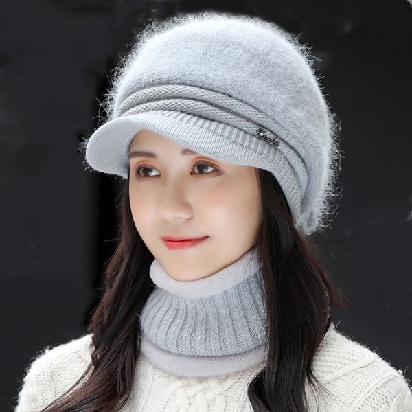 

new warm winter skullies beanies knitted hat women brand winter women ski rabbit fur hat pompoms hats knitted scarf y201024, Blue;gray