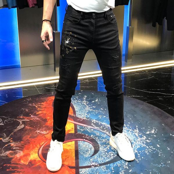 

men's autumn 2020 embroidered diamond men's wear slim and handsome jeans fashion brand elastic feet black trousers, Blue