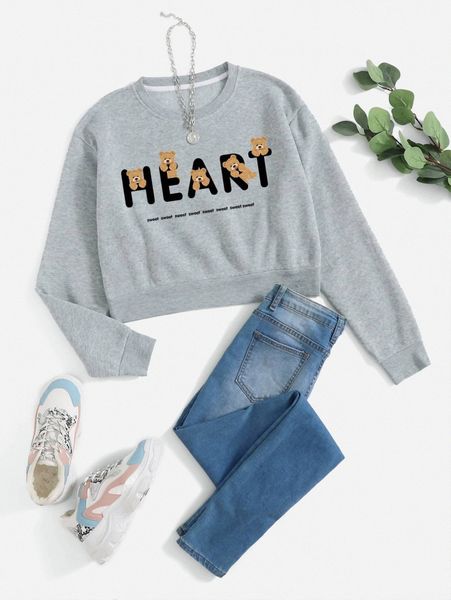 

letter and bear print crop sweatshirt 29rg#, White;black
