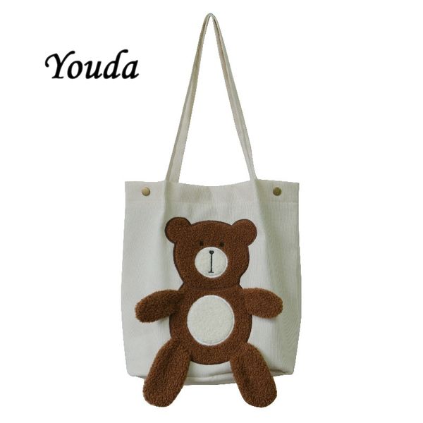 

youda winter women's bags new corduroy casual cute bear embroidery all-match shoulder bag high capacity book shopping handbag c1223