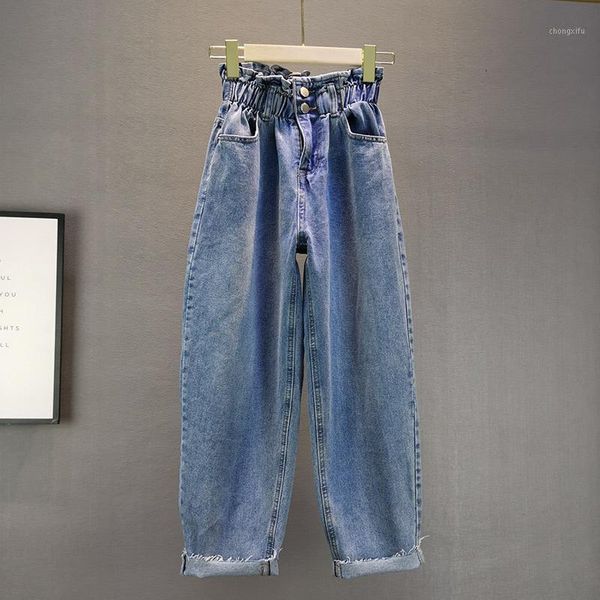 

high waist ruffles denim women jeans summer new solid pocket wide leg harem ankle length female jeans, Blue