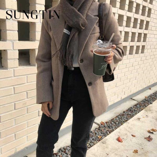 

sungtin women woolen coat autumn and winter new fashion korean long sleeve wool blazer office lady outerwear thick loose 20201, Black