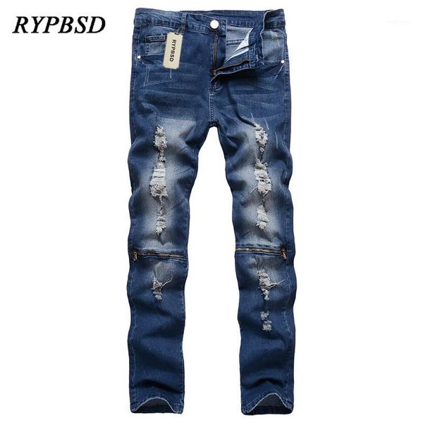

new men's knee zipper hole ripped jeans for men skinny casual pants slim pencil stretch nightclub hip hop jean trousers 6 colors1, Blue