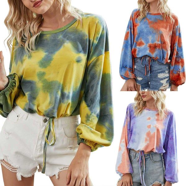 

women fashion long-sleeved blouses tie-dye loose round neck lace up sweatshirt autumn casual ladies shirts kg-114, White