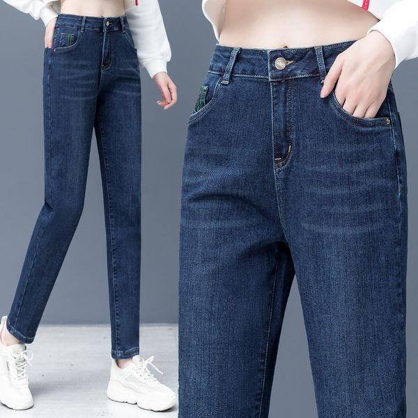 

корейская высокая талия эластичные джинсовые колготки мода универсальная одежда белые карандашные брюки показывают высокое показать тонкие н, Blue