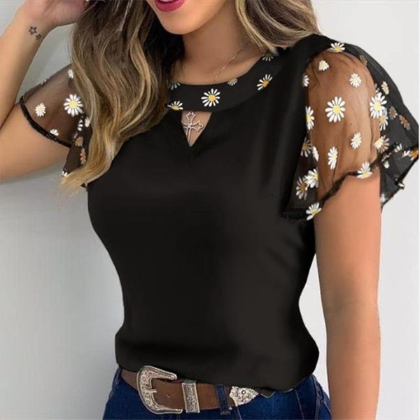

women ruffles short sleeve t shirt summer fashion casual flower embroidery cutout mesh sheer slim vintage pullover tee, White
