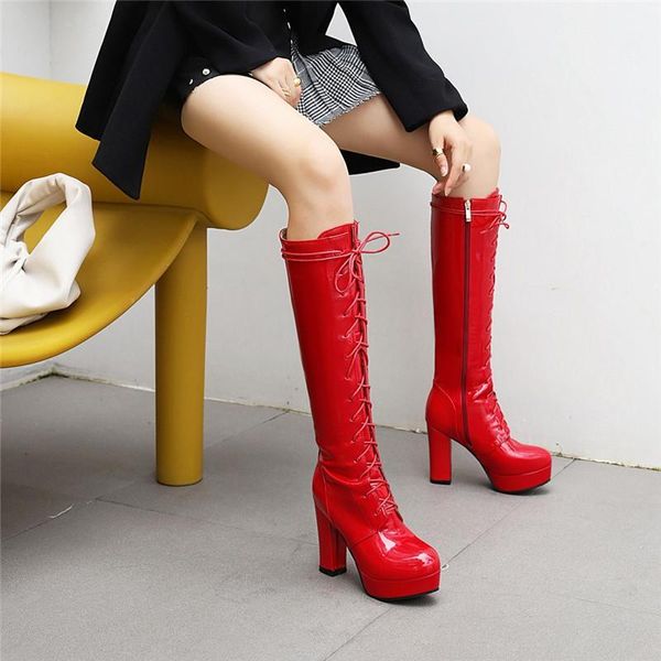 

boots ymechic 2021 winter patent pu leather red black white long knight cross tied knee high lace up platform heel shoes 431