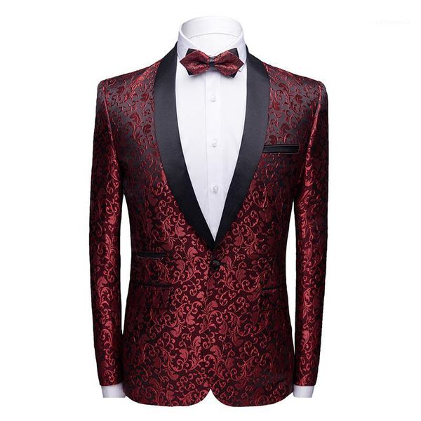 Abiti da uomo Blazer Uomini di marca Collo a scialle Vino Rosso Giacca casual Prom Party Blazer Uomo Cappotto Hombre Slim Fit Floreale Masculino1