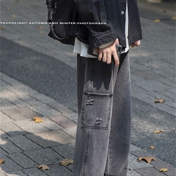 

2021 new de brim primavera e inverno novo macaco reto jeans solto moda jovem masculinas i8uk, Blue