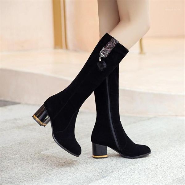 

cresfimix women fashion sweet black autumn long mid calf heel boots lady black flock winter boots botas a65941