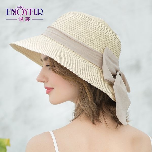 

enjoyfur summer women new arrival ribbon bow-knot beach hat casual sun hats for vacation t200605, Blue;gray