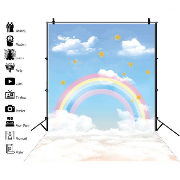

laeacco rainbow backdrops happy birthday party gold star blue sky cloud poster baby portrait family shoot pgraphy background1