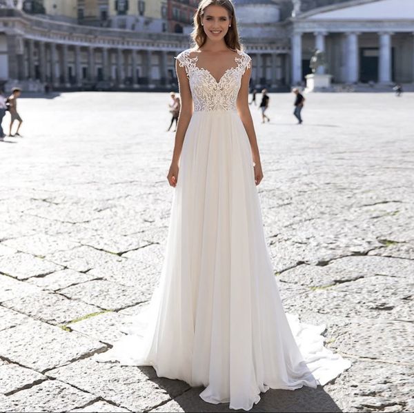 

2022 boho prom dress a-line sheer neck cap sleeve lace appliques sequined button floor length sweep train formal bride gown vestidos de noch, Black