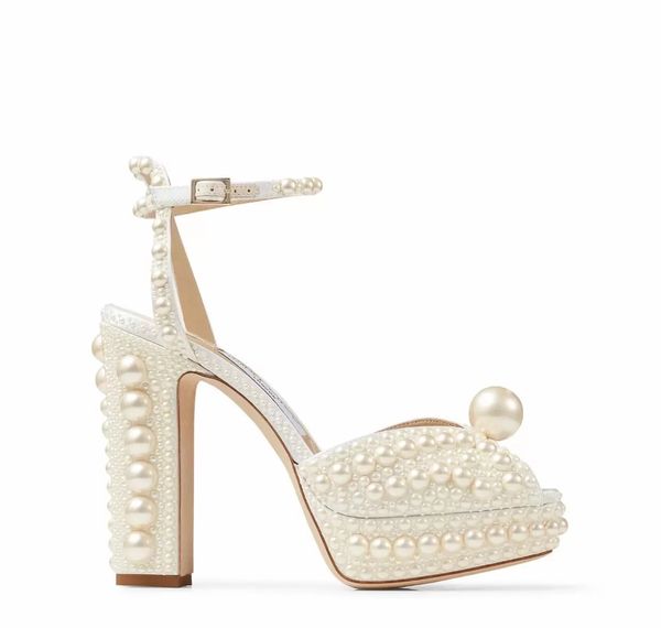 2023 Elegante sposa abito da sposa scarpe sandali Sacora perle bianche cristallo impreziosito sottile cinturino alla caviglia tacchi alti pompe EU35-42, CON SCATOLA