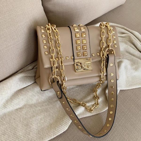 

european fashion female rivet tote bag 2020 new quality pu leather women's designer handbag lock chain shoulder messenger bag