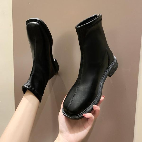 

рок обувь женщина ботинки зимняя обувь низкие шкалы пинетия mid-falf вереток женщины круглый ног молния роскошные дизайнерские обувь, Black