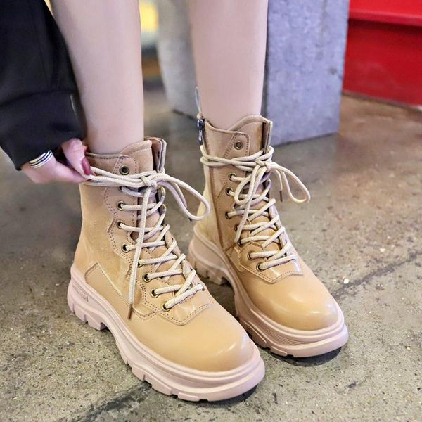 

lucyever punk style pu leather ankle boots for women 2020 fashion lace up platform motorcycle boots woman flat heel shoes ladies, Black