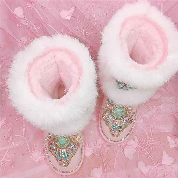 

handmade european station luxury fur leather cute princess diamond flat women's cotton shoes increased snow boots, Black