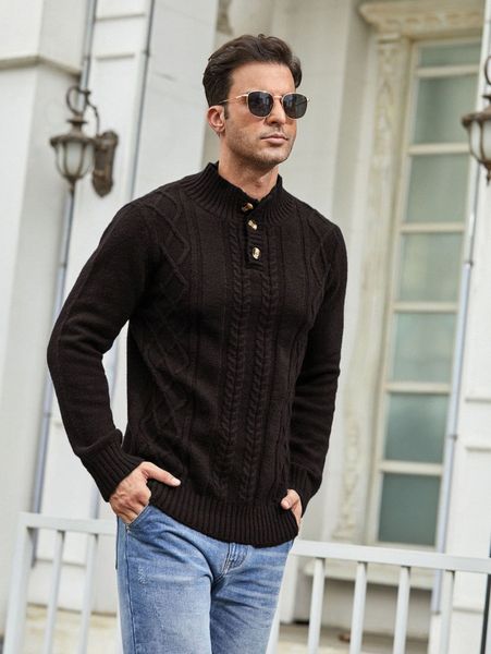 

men argyle and cable knit quarter button sweater v1dq#, White;black