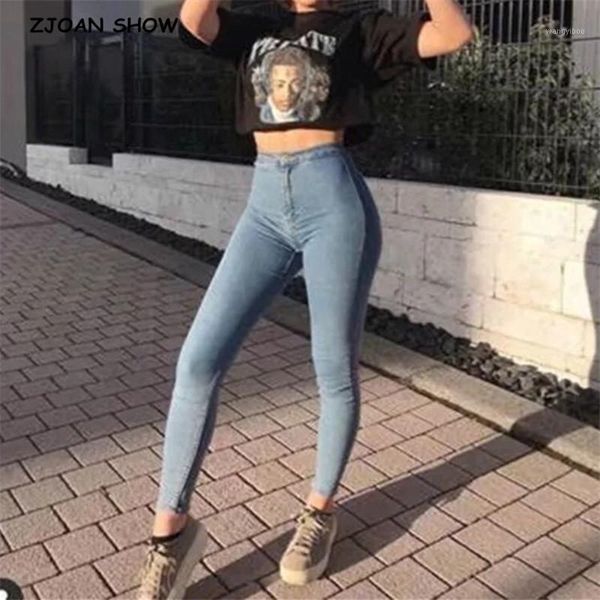 

2020 vintage skinny high waist pencil jeans women slim fit stretch denim pants full length denim tight trousers black white blue1, Blue