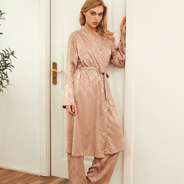 

2021 new autumn spring women's silk set plaid oversized female sleepwear long sleeve v neck slim bath robe ladies homewear imrv, Black;red