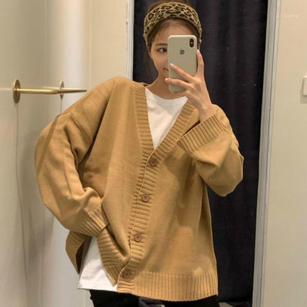 

cardigan women retro jumper minimalist v-neck harajuku student basic sweater knitted oversize fashion all-match spring daily1, White