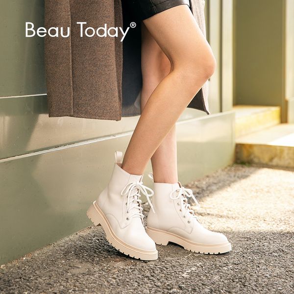

beautoday ankle boots women genuine cow leather cross-tied round toe lady fashion boots winter platform shoes handmade 03429 y200723, Black