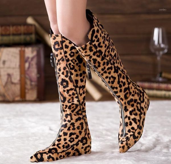 

boots 2021 spring fashion leopard suede leather women pointy toe knee high front zip ladies increased heel knight size 411, Black