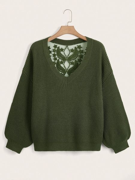 

plus contrast embroidered mesh drop shoulder sweater f9ru#, Black