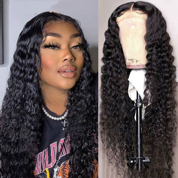 

150%x density deep wave 13x4 lace front human hair wig with baby hair brazilian remy human hair frontal wigs for women 8-28 inch, Black;brown