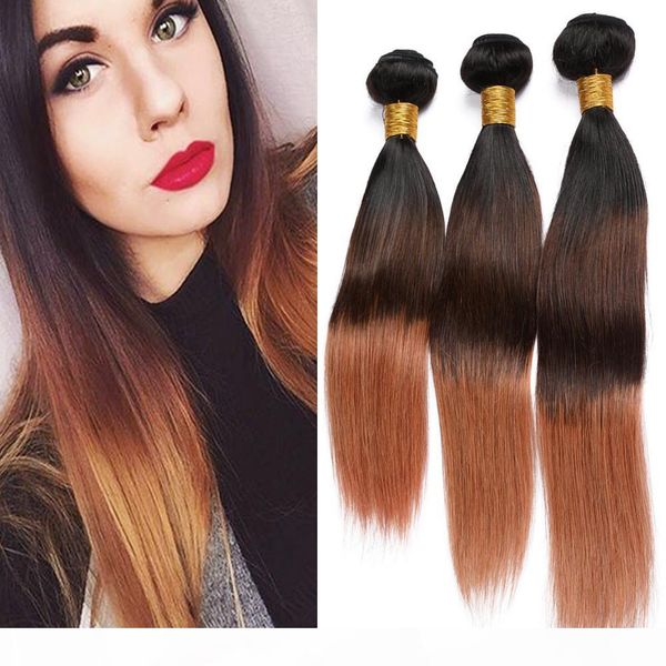

three tone ombre peruvian virgin hair weaves #1b 4 30 medium auburn ombre human hair bundles 3pcs straight ombre hair extensions 10-30, Black
