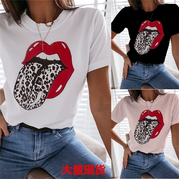 

2020 summer fashion casual short sleeve lip print t-shirt for women, Black;brown