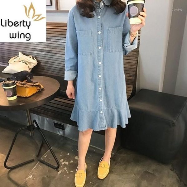 

autumn ruffles thick female loose denim outerwear long-sleeve medium-long shirt preppy style student jeans shirts1, White