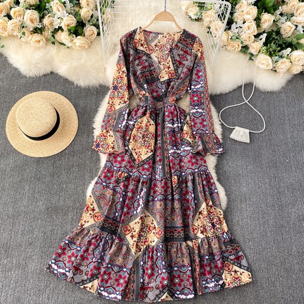 

2021 new singiny court wind print woman retro puff neck the line dressed bohemian autumn streetwear dress t2g9, Black;gray